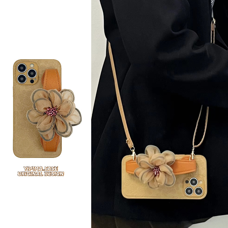 Khaki Floral Wrist Strap Crossbody Phone Case with a Premium Design