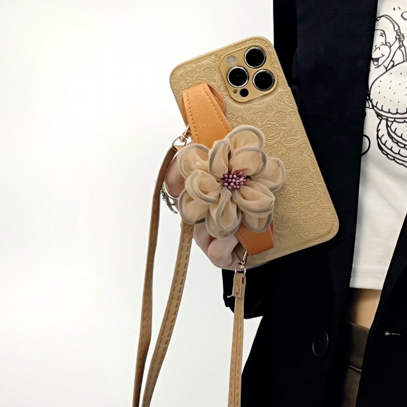 Khaki Floral Wrist Strap Crossbody Phone Case with a Premium Design