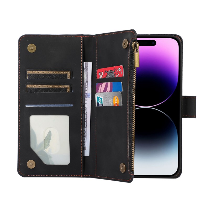 Flip Cover Protective Leather Case with Crossbody Strap, Wrist Strap, and Wallet Design