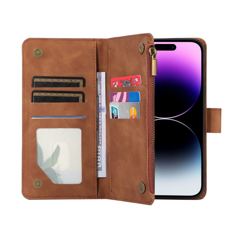 Flip Cover Protective Leather Case with Crossbody Strap, Wrist Strap, and Wallet Design