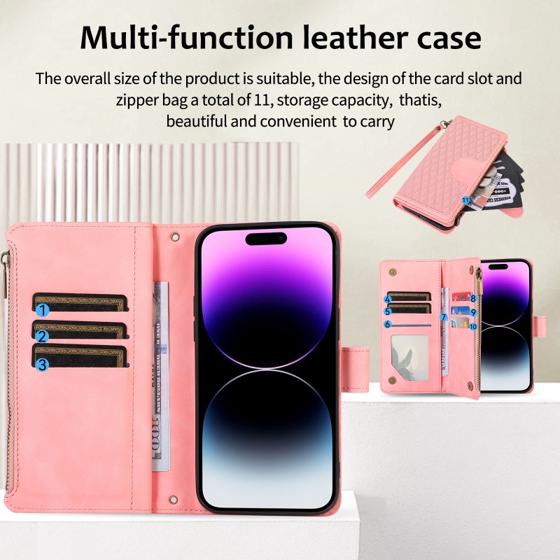 Flip Cover Protective Leather Case with Crossbody Strap, Wrist Strap, and Wallet Design