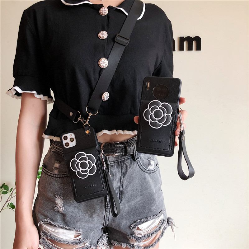 Leather Camellia Stand Coin Purse Crossbody Phone Case