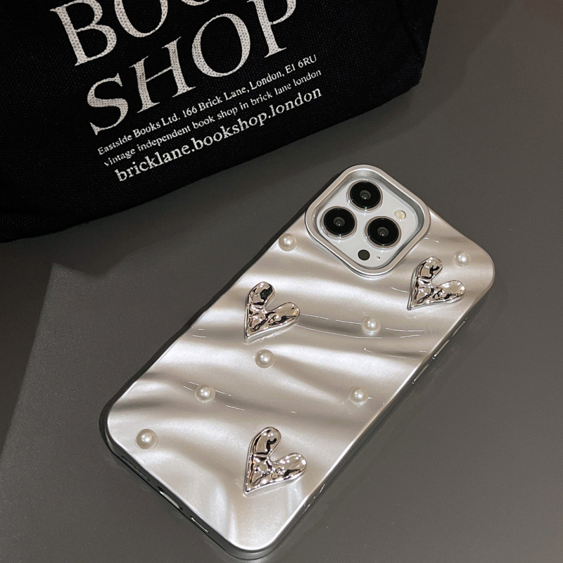 Cool-Toned Silver 3D Heart Soft Glitter Phone Case