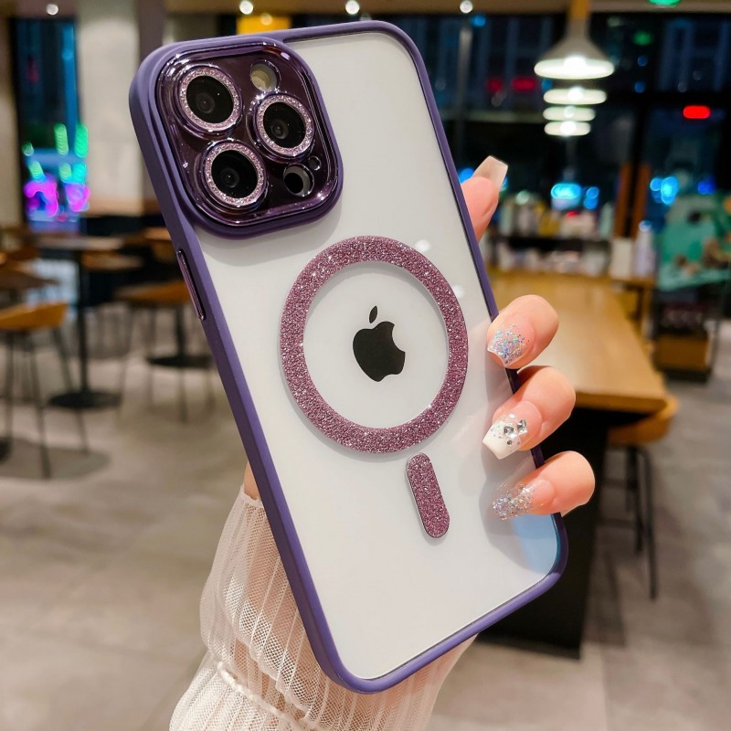 Glitter Lens Film Transparent Full Coverage Acrylic Magnetic Charging Phone Case