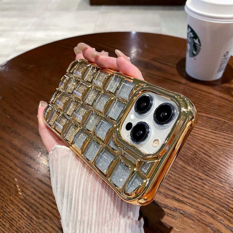 Electroplated Cube Grid Phone Case with Gradient Flashing Glitter