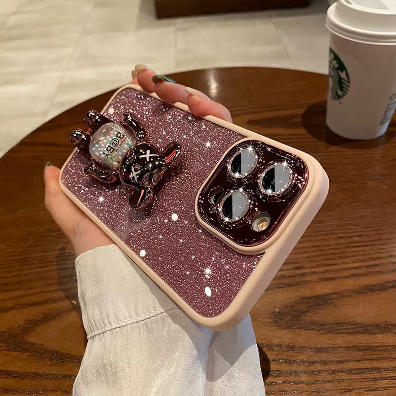 Glitter Electroplated Lens Film Phone Case for iPhone with Violent Bear Stand