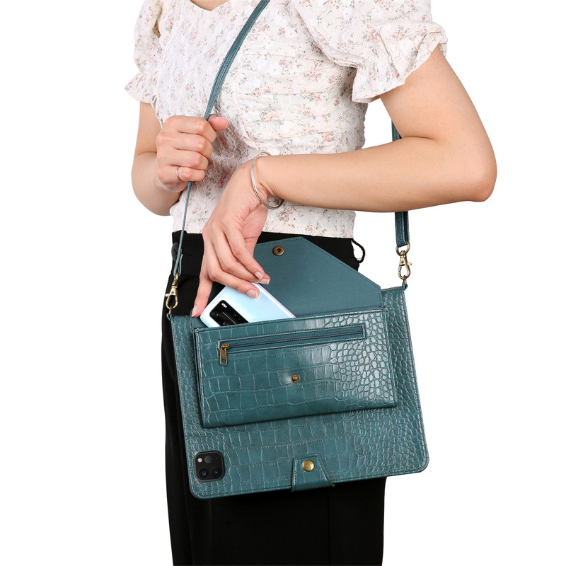 iPad Tablet Sleeve with Crocodile Pattern, Zipper Closure, and Shoulder Strap