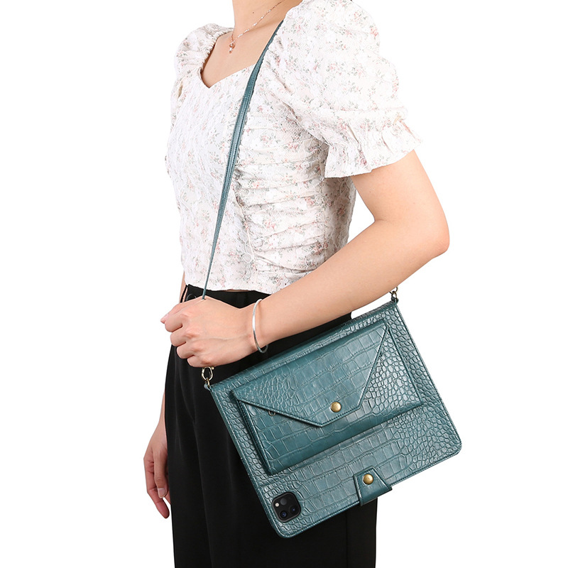 iPad Tablet Sleeve with Crocodile Pattern, Zipper Closure, and Shoulder Strap