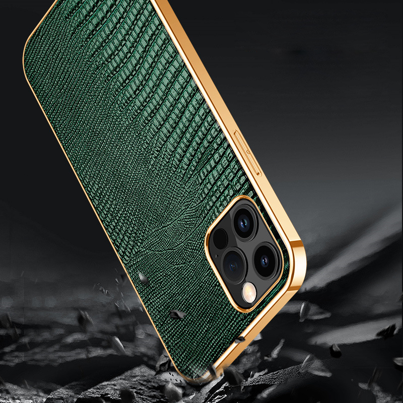 Ultra-Thin Phone Case with Electroplated Lizard Pattern and Top Grain Cowhide Leather