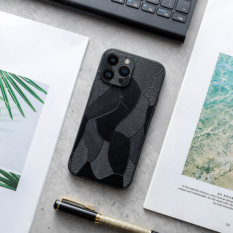 Full Coverage Rice Field Pattern Genuine Leather Phone Case