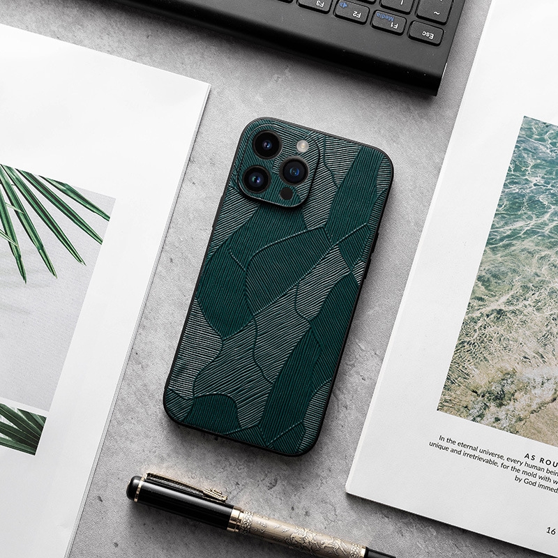 Full Coverage Rice Field Pattern Genuine Leather Phone Case