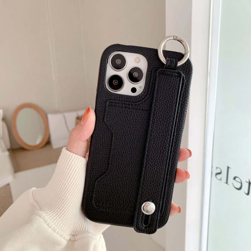 Leather Phone Case with Card Slot, Wrist Strap, and Kickstand