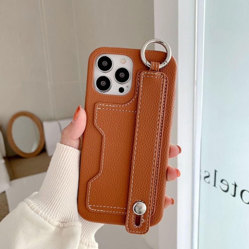 Leather Phone Case with Card Slot, Wrist Strap, and Kickstand