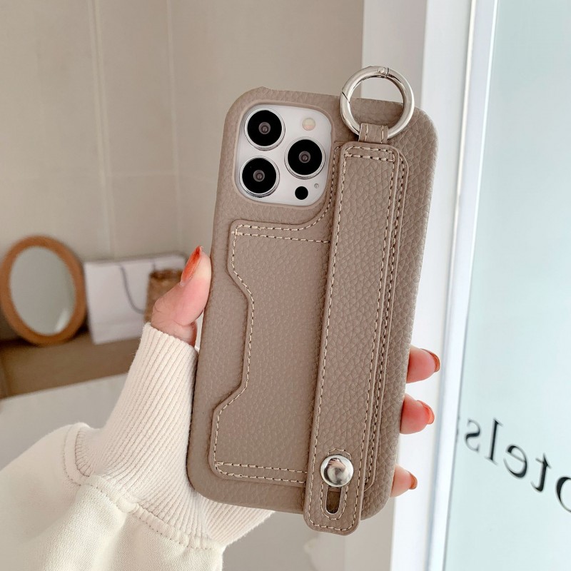 Leather Phone Case with Card Slot, Wrist Strap, and Kickstand