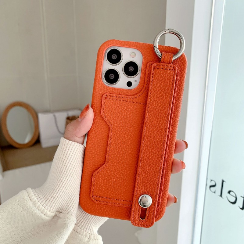 Leather Phone Case with Card Slot, Wrist Strap, and Kickstand