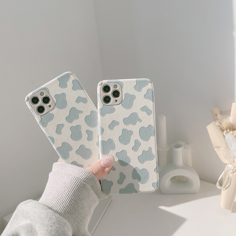 Gentle Blue Cow Pattern Leather Full Coverage Phone Case