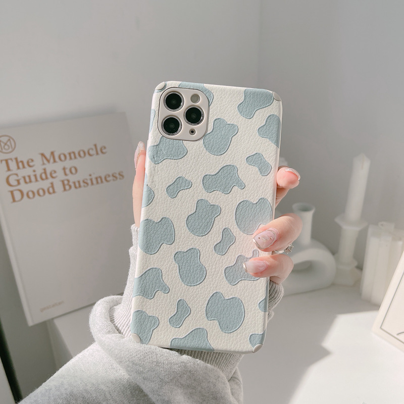 Gentle Blue Cow Pattern Leather Full Coverage Phone Case