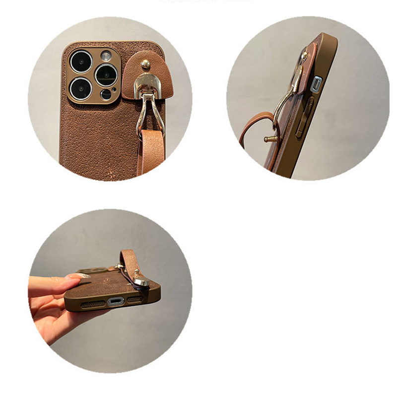 Leather Coffee Color Wrist Strap Apple Phone Case