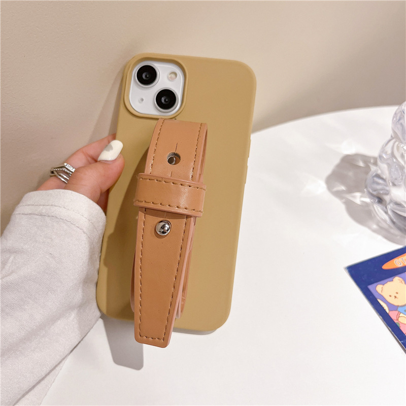 Leather Solid Color Wrist Strap Phone Case