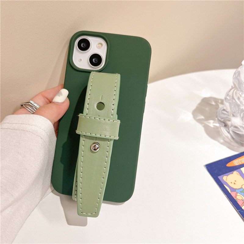 Leather Solid Color Wrist Strap Phone Case