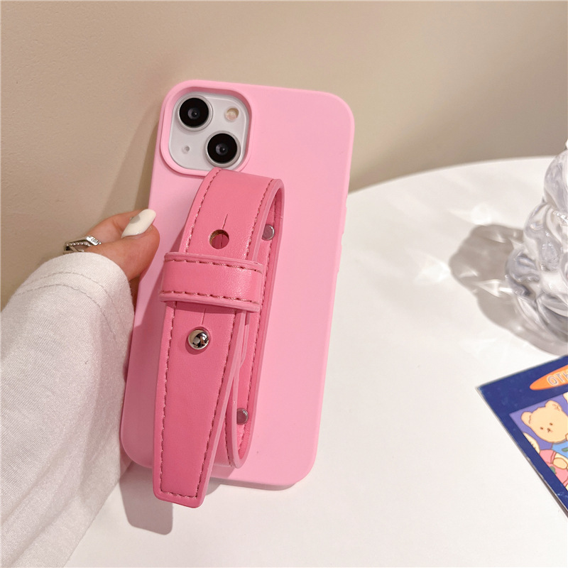 Leather Solid Color Wrist Strap Phone Case