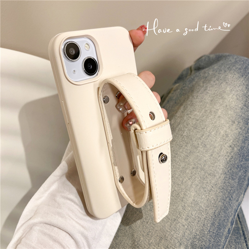 Leather Solid Color Wrist Strap Phone Case