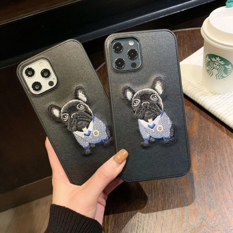 Simple Embroidery Cute Bulldog Leather Phone Case