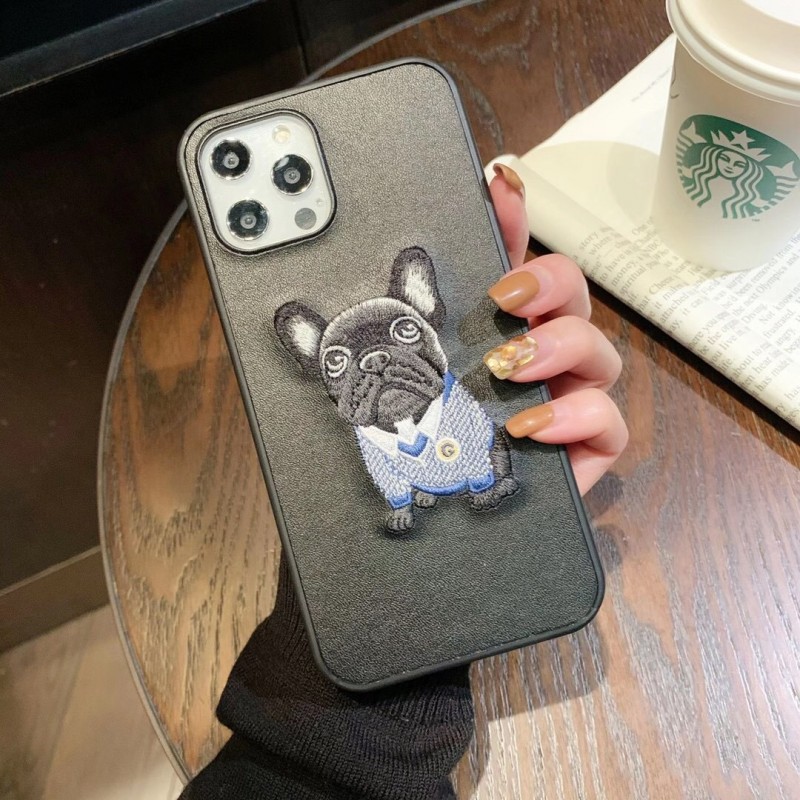 Simple Embroidery Cute Bulldog Leather Phone Case