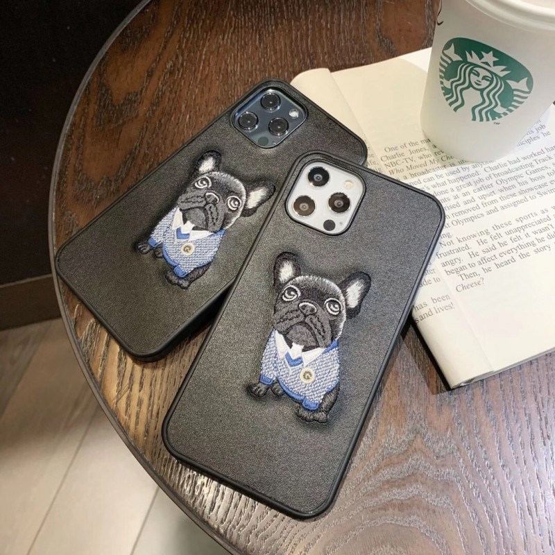 Simple Embroidery Cute Bulldog Leather Phone Case