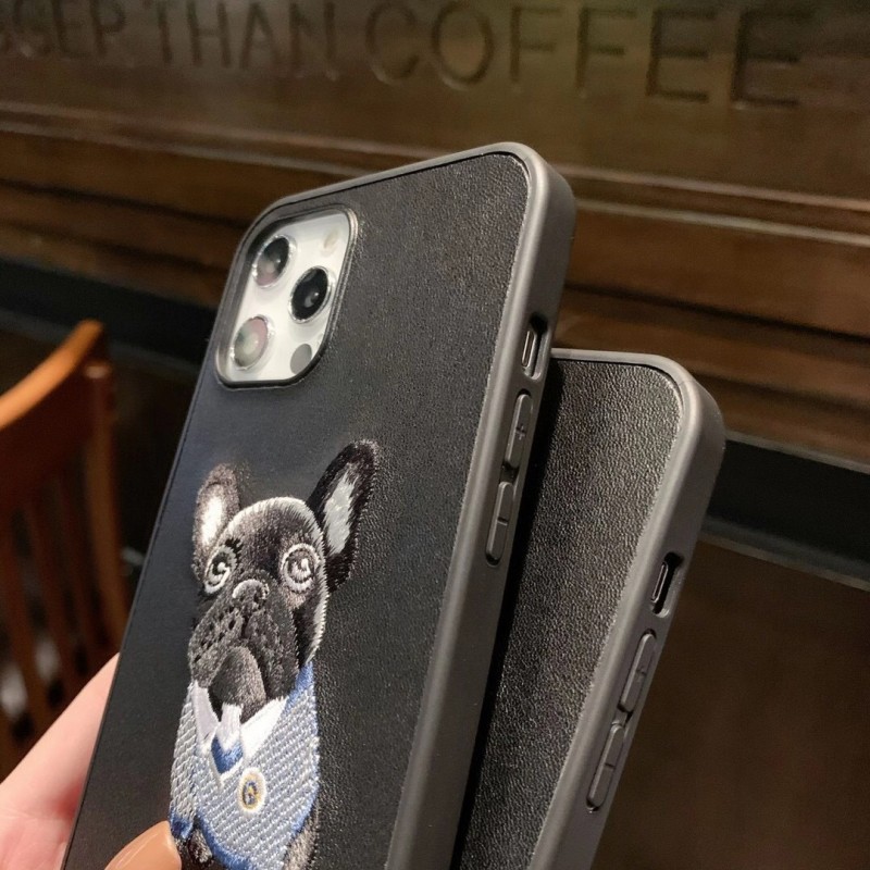 Simple Embroidery Cute Bulldog Leather Phone Case