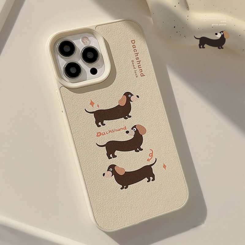 Creamy Yellow Sausage Dog Leather Phone Case