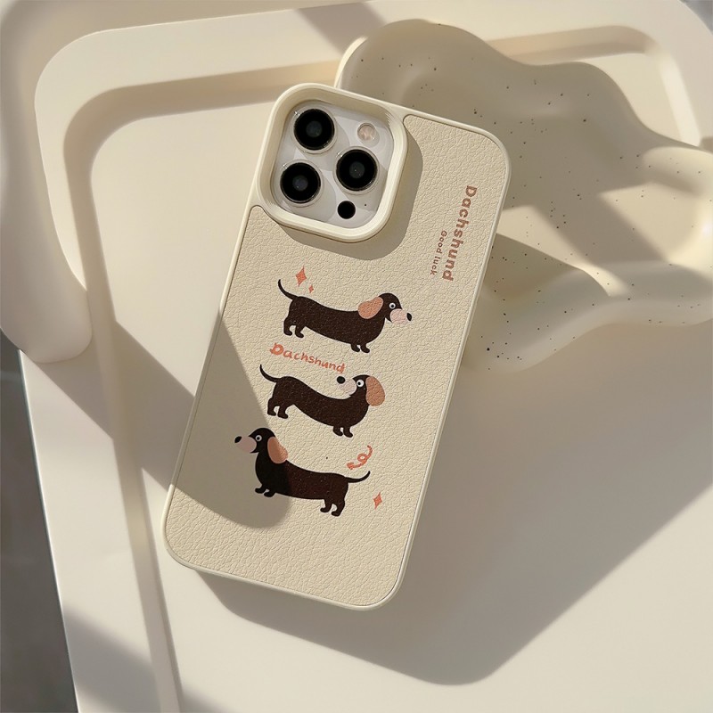 Creamy Yellow Sausage Dog Leather Phone Case