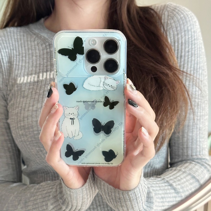 Dual Layer Cat Print Black Butterfly Phone Case