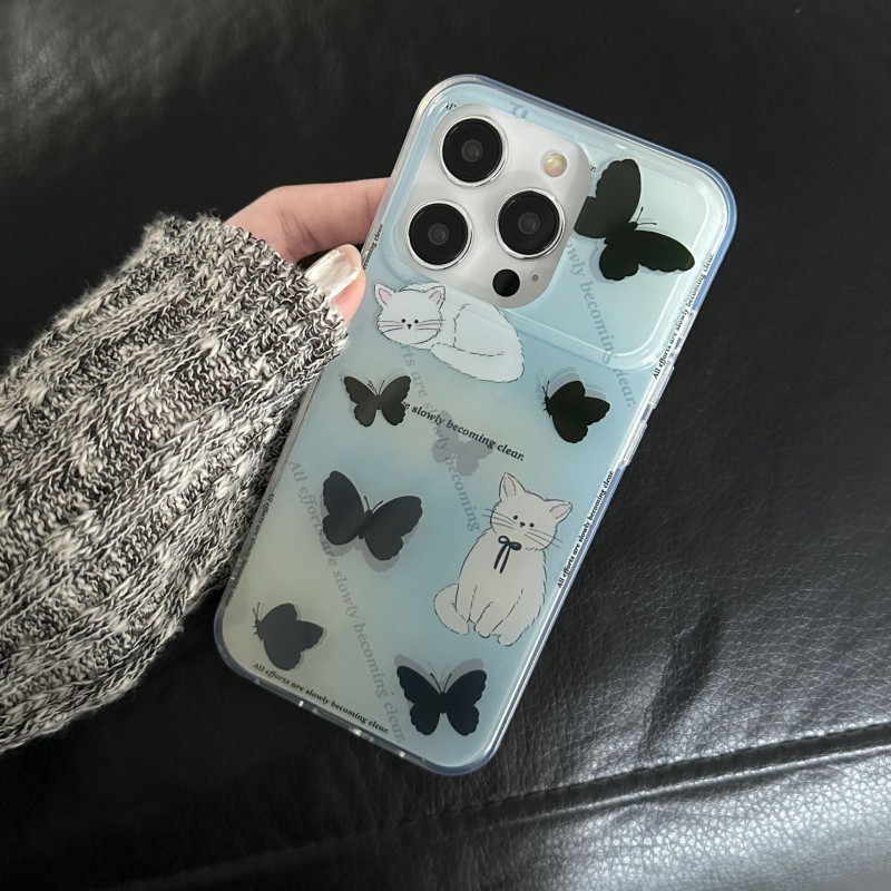 Dual Layer Cat Print Black Butterfly Phone Case