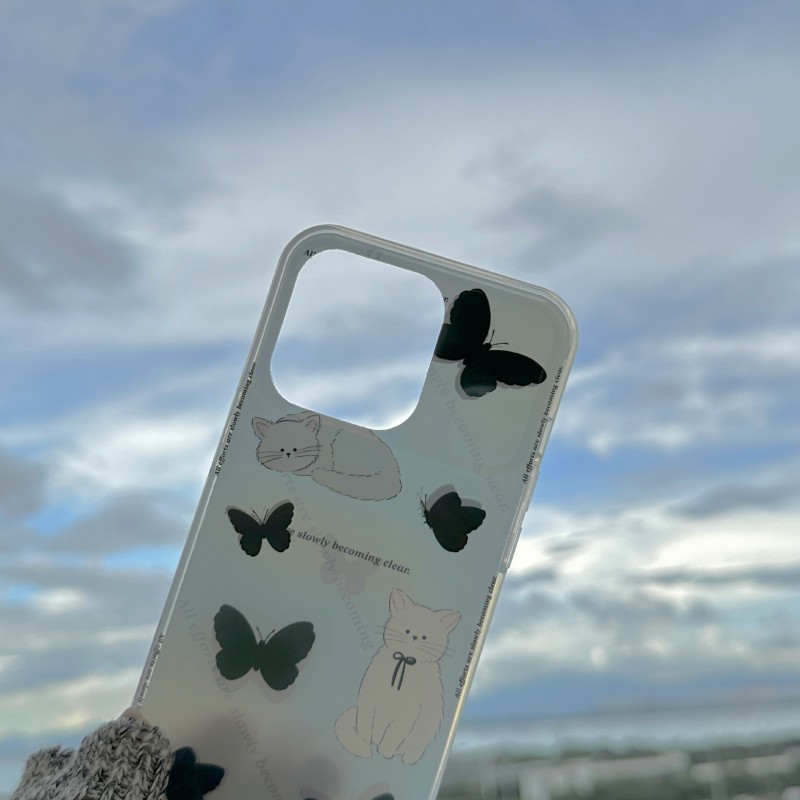 Dual Layer Cat Print Black Butterfly Phone Case