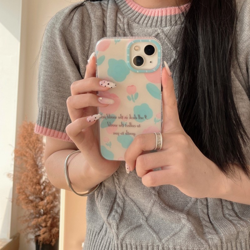 Dual Layer Pink Blue Tulip Print Phone Case