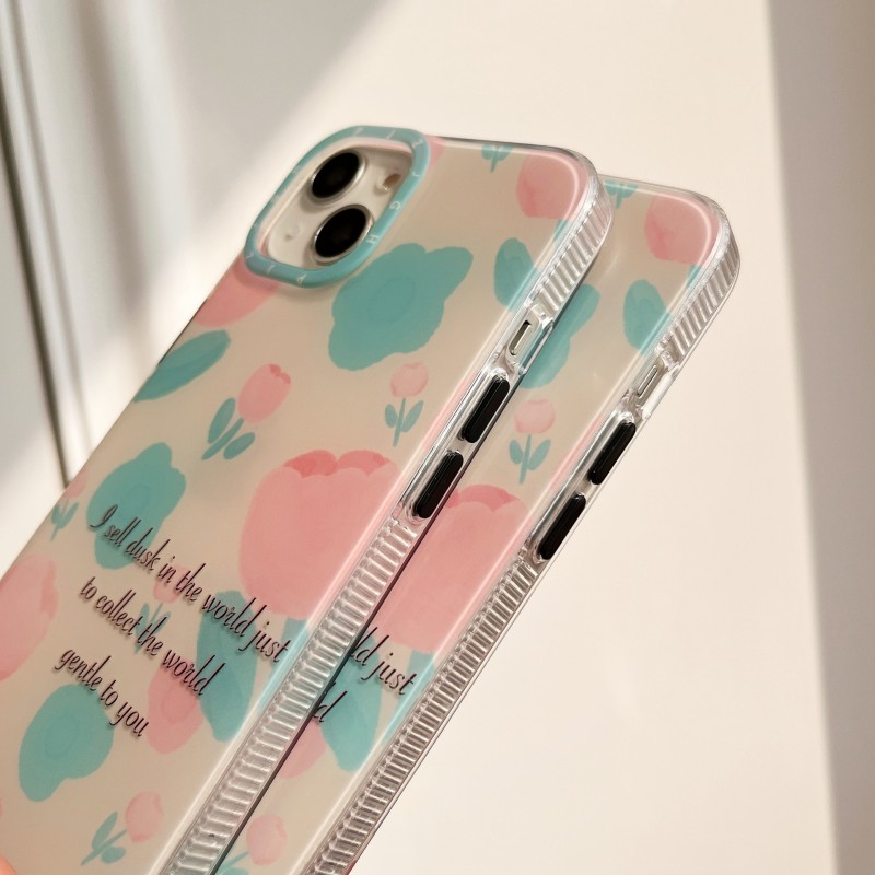 Dual Layer Pink Blue Tulip Print Phone Case