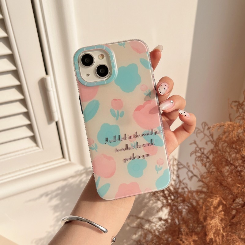 Dual Layer Pink Blue Tulip Print Phone Case