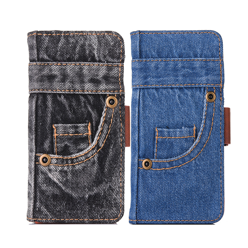 Denim Texture Phone Case with Multiple Card Slots and Flip Cover