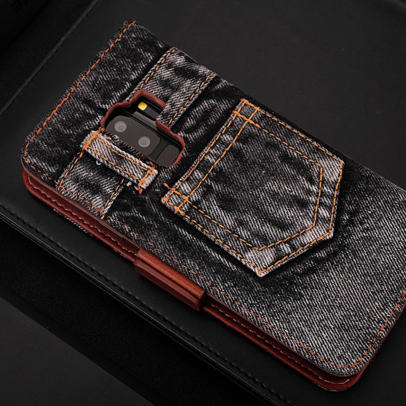 Denim Texture Phone Case with Multiple Card Slots and Flip Cover